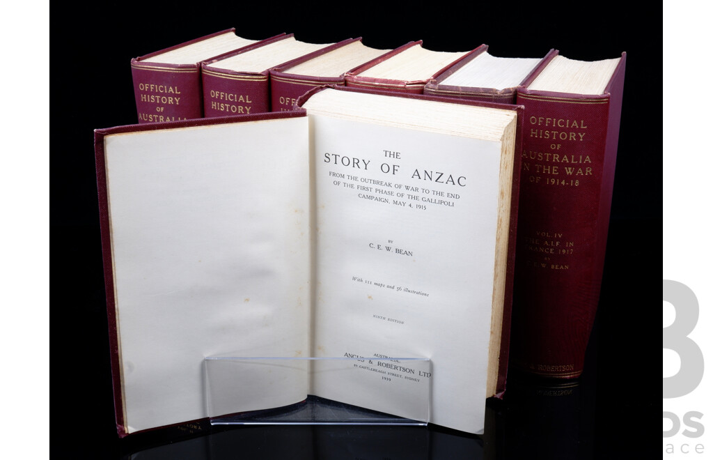 Official History of Australia in the War of 1914 to 1918, Charles E W Bean, Volumes 1 to 5, 9 & 12 (Photographic Record), Various Editions, All Hardcovers