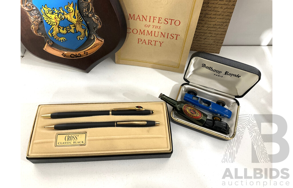 Small Collection of Curios Inlcuding Cross Pen Set, Communist Party Book, Miniature Cars and More