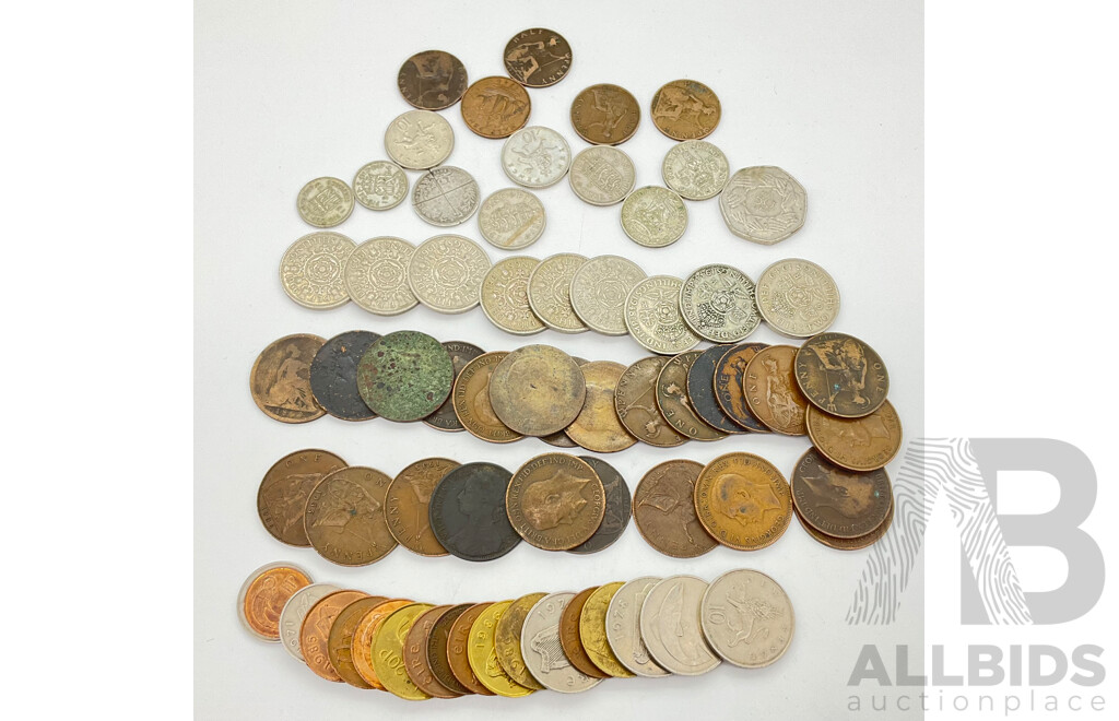 Collection of United Kingdom Coins Including QV, KEVll, KGV and KGVl Pennies(25), KEVII, KGV, KGVI Half Pennies(5) KGVl, QE2 Two Shillings(9) Ireland 1970 and 80's Coins