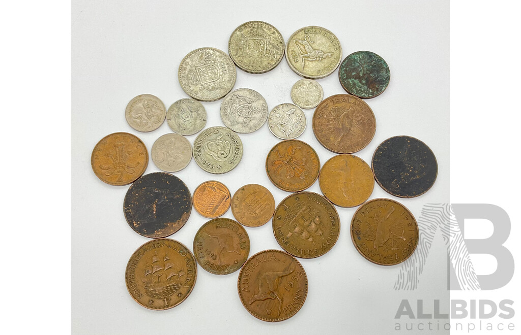 Collection of Australian Predecimal Coins Including 1954, 1958, 1963 Florins, 1922, 1953 Shillings, KGV, 1942 Sixpence, 1961 Threepence and Assortment of South African, United Kingdom, New Zealand and Australian Pennies and Half Pennies