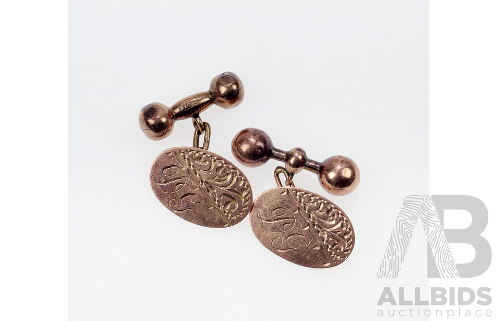 9CT Vintage Rose Gold Cuff Links, Engraved with Scrollwork & DG, 3.42 Grams