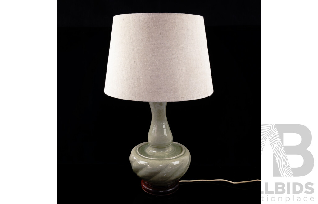 Hand Made Thai Celadon Table Lamp with Cloth Shade on Wooden Stand