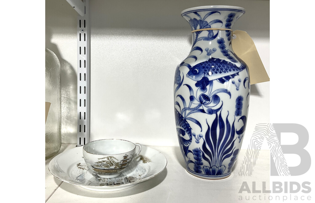 Asian Ceramic Blue and White Vase with Koi Decoration Along with Two Pieces Japanese Hand Painted Porcelain