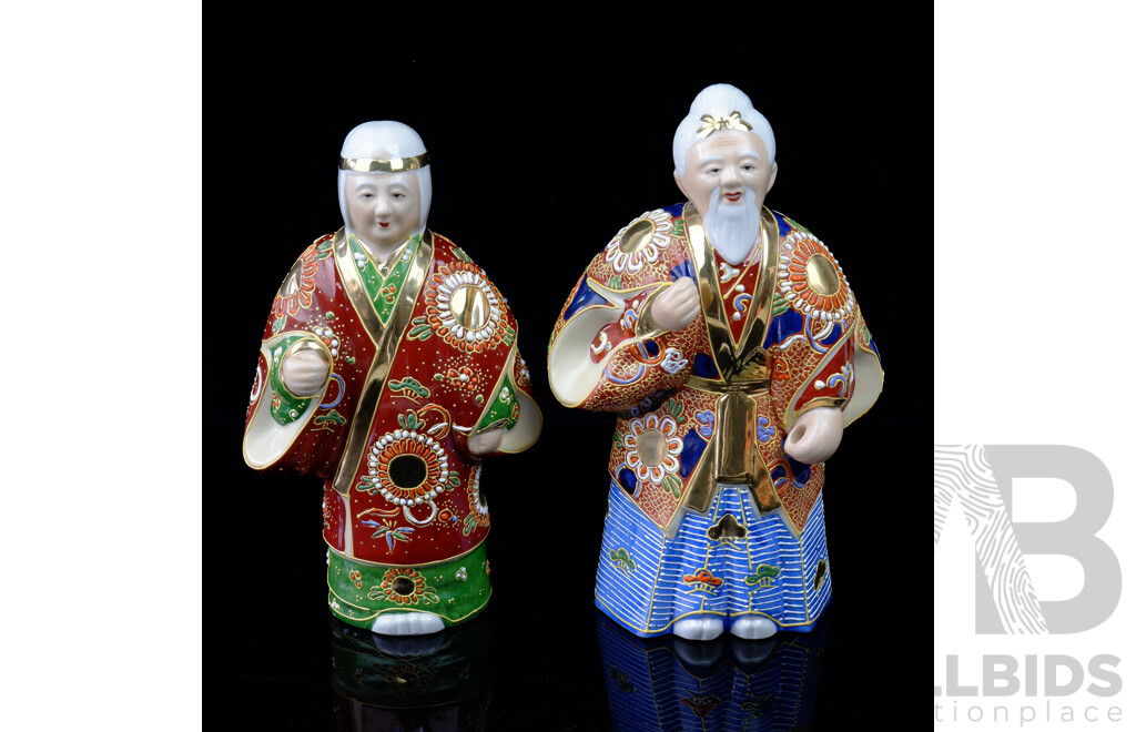 Pair Male and Female Japanese Ceramic Hand Painted Elder Figures