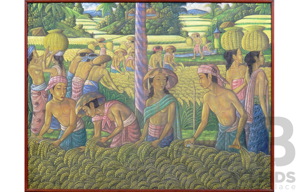 20th Century Balinese School, Untitled (Rice Paddy Farmers, Ubud), Acrylic on Canvas