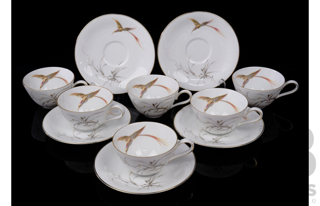 Eleven Pieces German Made Heinrich & Co Fine Porcelain Cups and Saucers in Bird of Paradise Pattern
