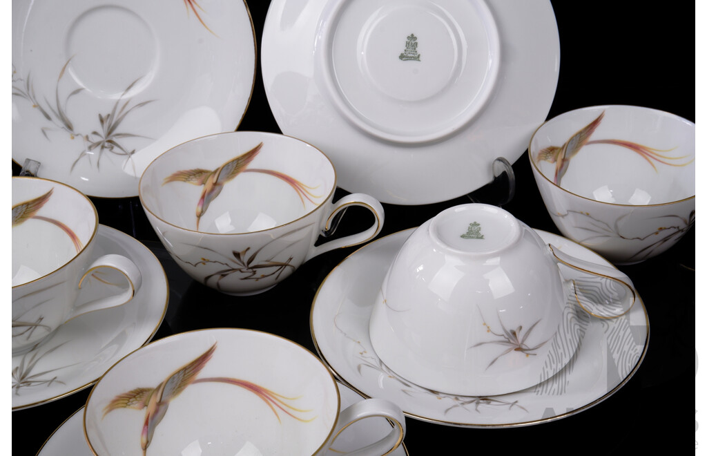 Eleven Pieces German Made Heinrich & Co Fine Porcelain Cups and Saucers in Bird of Paradise Pattern