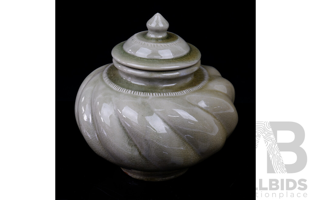 Chinese Celadon Ceramic Lidded Jar with Slanted Spiral Form
