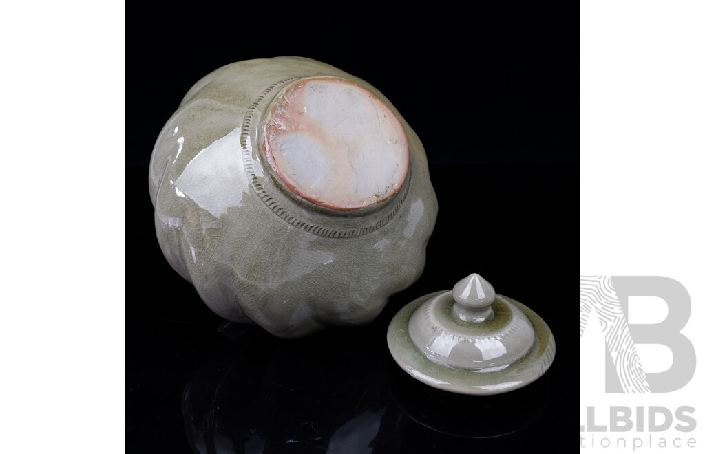 Chinese Celadon Ceramic Lidded Jar with Slanted Spiral Form