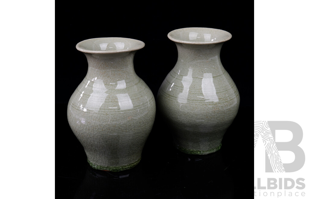 Pair Hand Made Thai Celadon Ceramic Jars