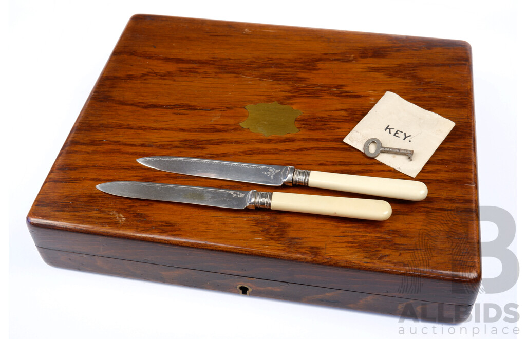 Antique 12 Piece Silver PLate Partial Fruit Set with Celluliod Handles and Sterling Silver Ferules on Knives, Sheffild 1912, in Wooden Case