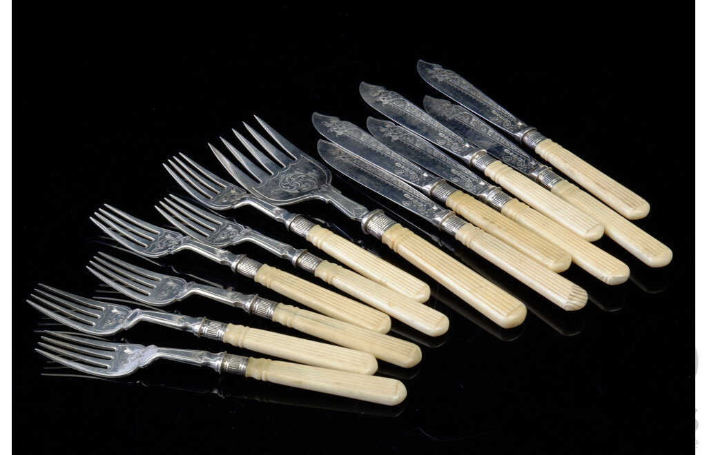 Antique 13 Piece Silver Plated Ivory Handled Fish Set with Engraved Blades