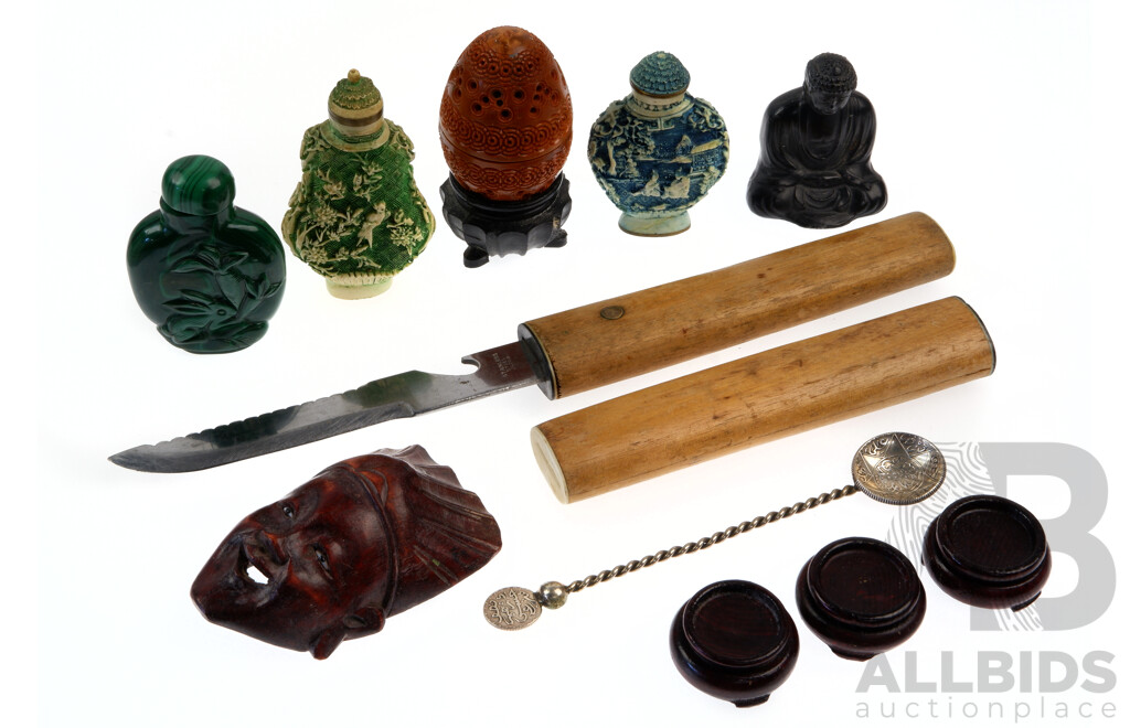 Collection Asian Items Including Chinese Malachite Snuff Bottle, Two Hand Carved Resin Examples, Small Bronze Buddha Figure and More