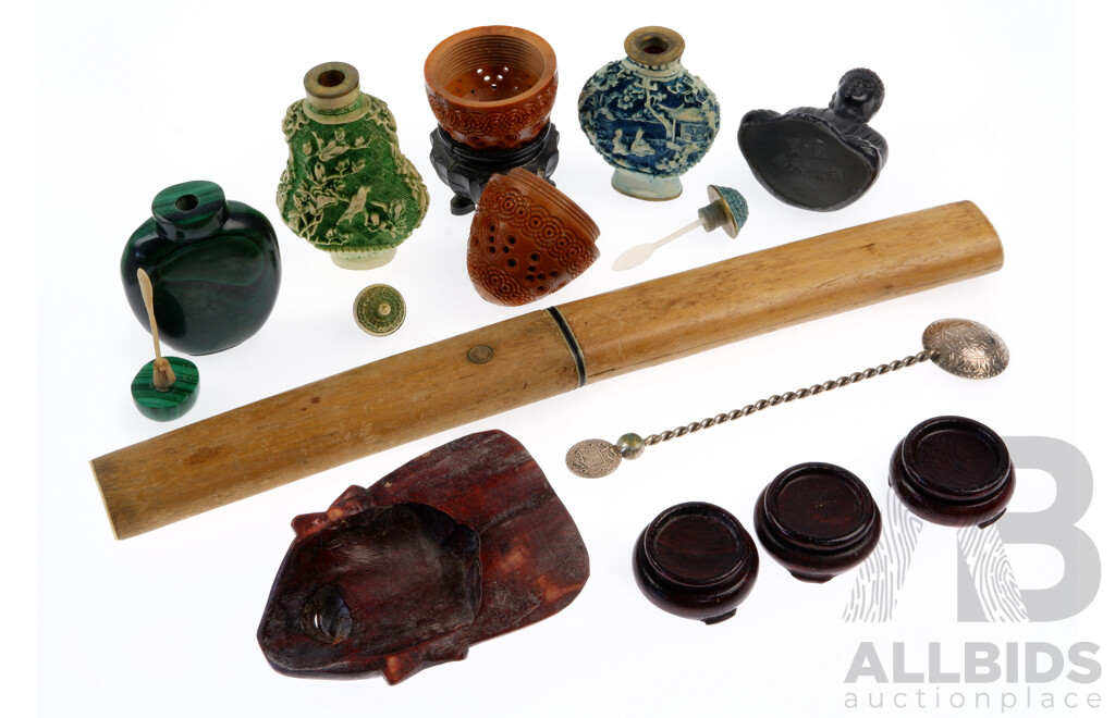 Collection Asian Items Including Chinese Malachite Snuff Bottle, Two Hand Carved Resin Examples, Small Bronze Buddha Figure and More