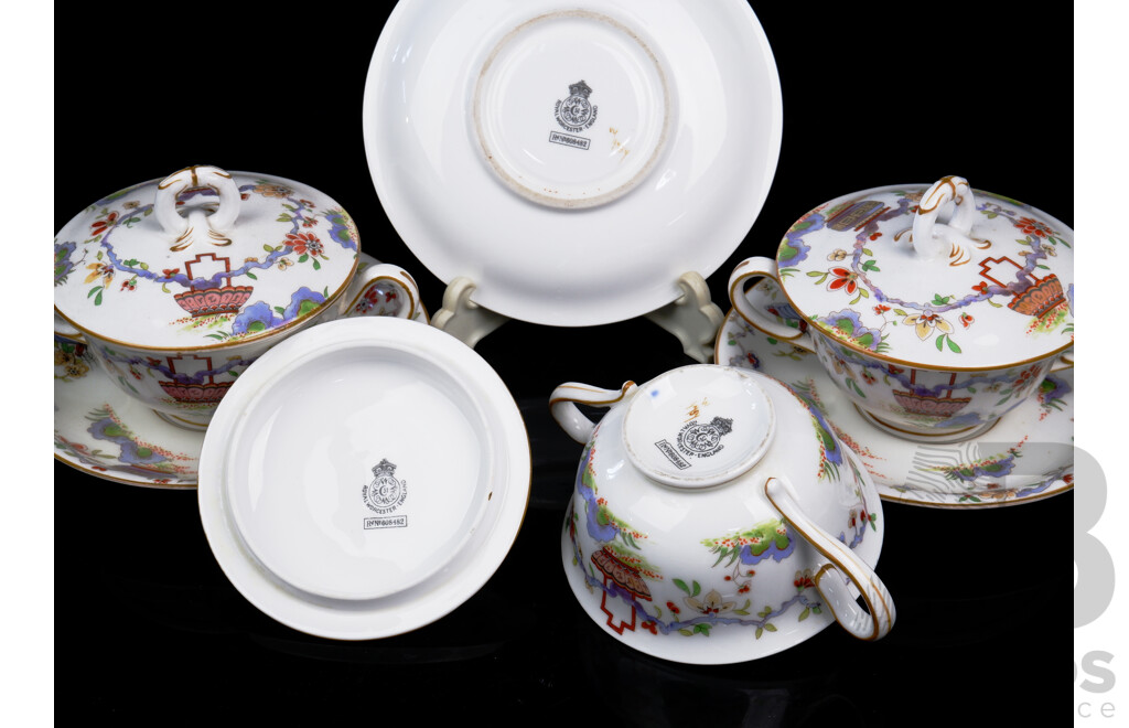 Set Three Antique Royal Doulton Porcelain Lidded Tea Duos with Chinese Butterly Decoration