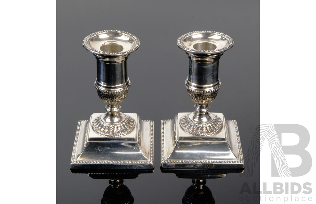 Pair Antique Sterling Silver Classical Urn Form Candle Holders, London, 1891