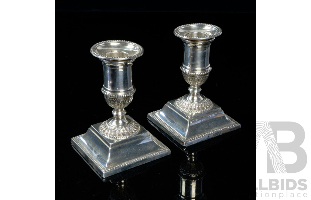 Pair Antique Sterling Silver Classical Urn Form Candle Holders, London, 1891