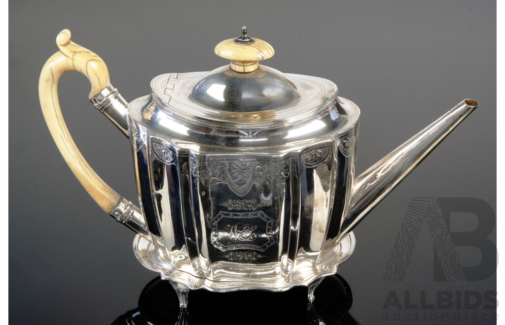 Antique Sterling Silver William IV Teapot with Engraved Detail with Monogram, Ivory Handle and Finial & Matching Underplate, London, 1835