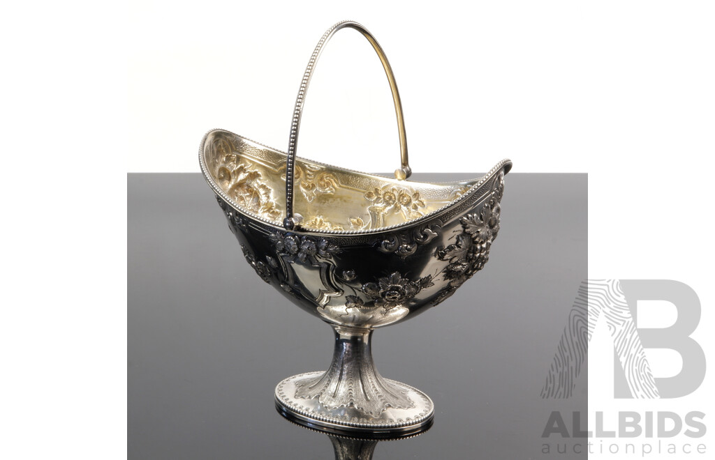 Antique Sterling Silver Bon Bon Dish with Repoussed Floral Detail, Sheffield, 1868