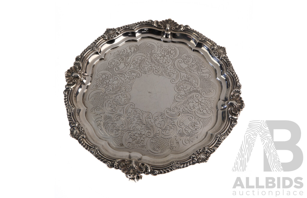 Antique Sterling Silver Calling Card Tray Dish with Engraved Detail, London, 1902