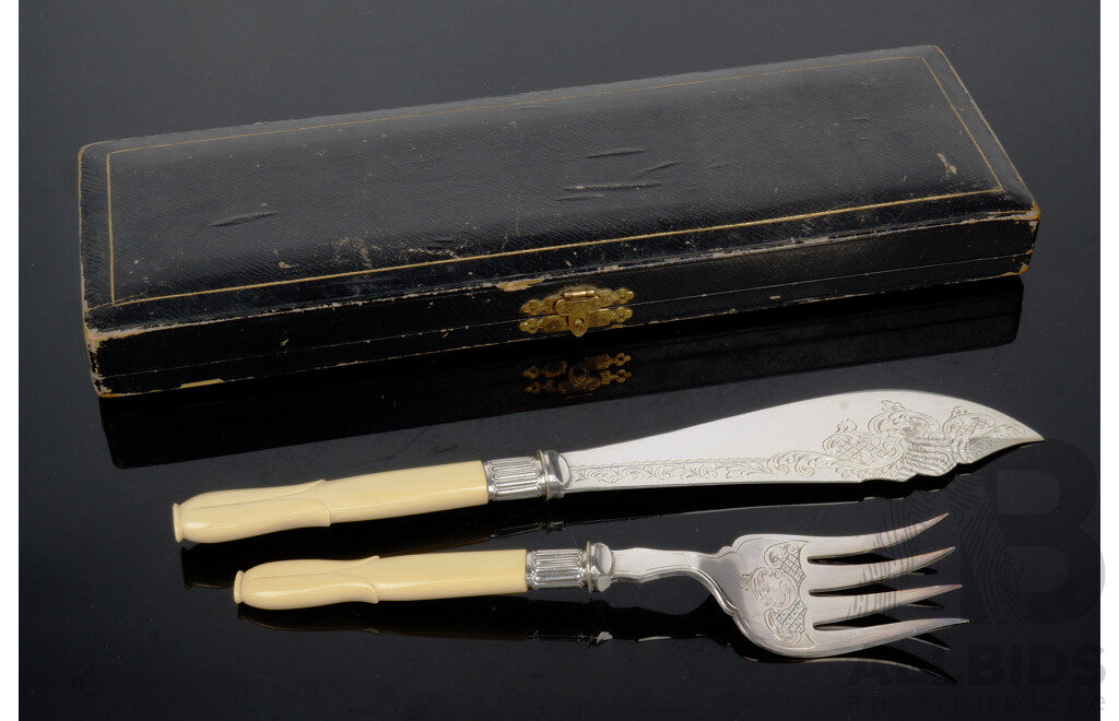 Antique Edwardian Silver Plate Hand Engraved Fish Serving Set with Ivorine Handles in Original Case