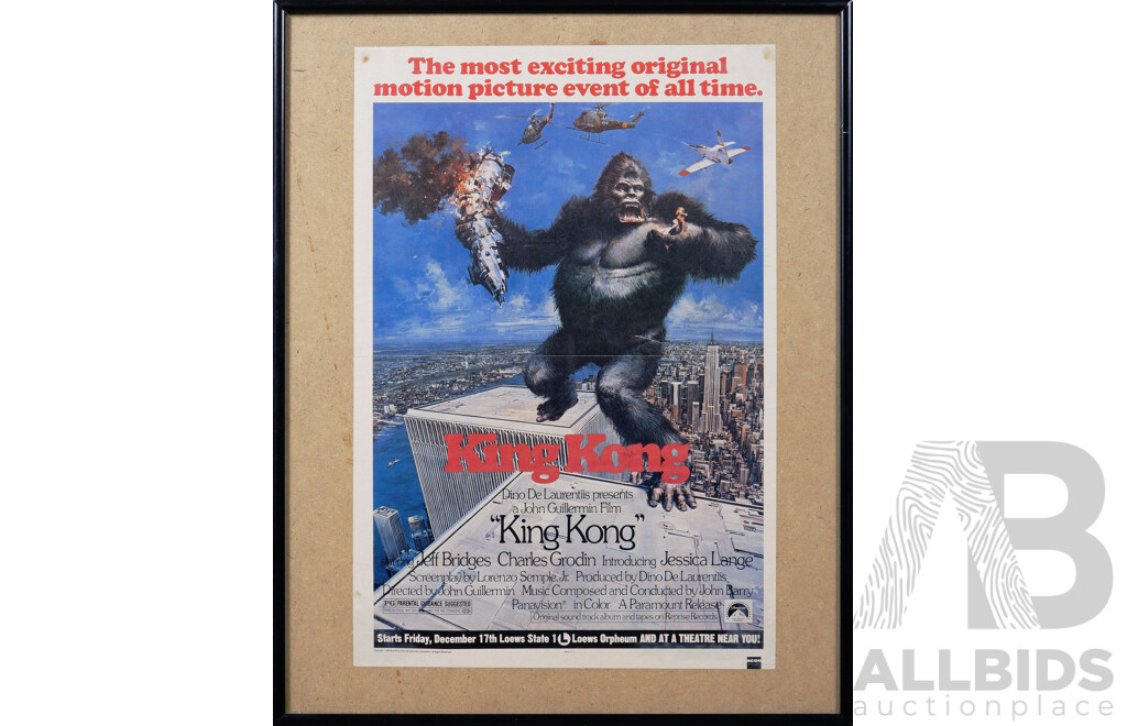 Original Vintage 1976 American Movie Poster, 'King Kong, The Most Exciting Original Motion Picture Event Of All Time', Coloured Ink on Paper, 51 x 41 cm (frame)