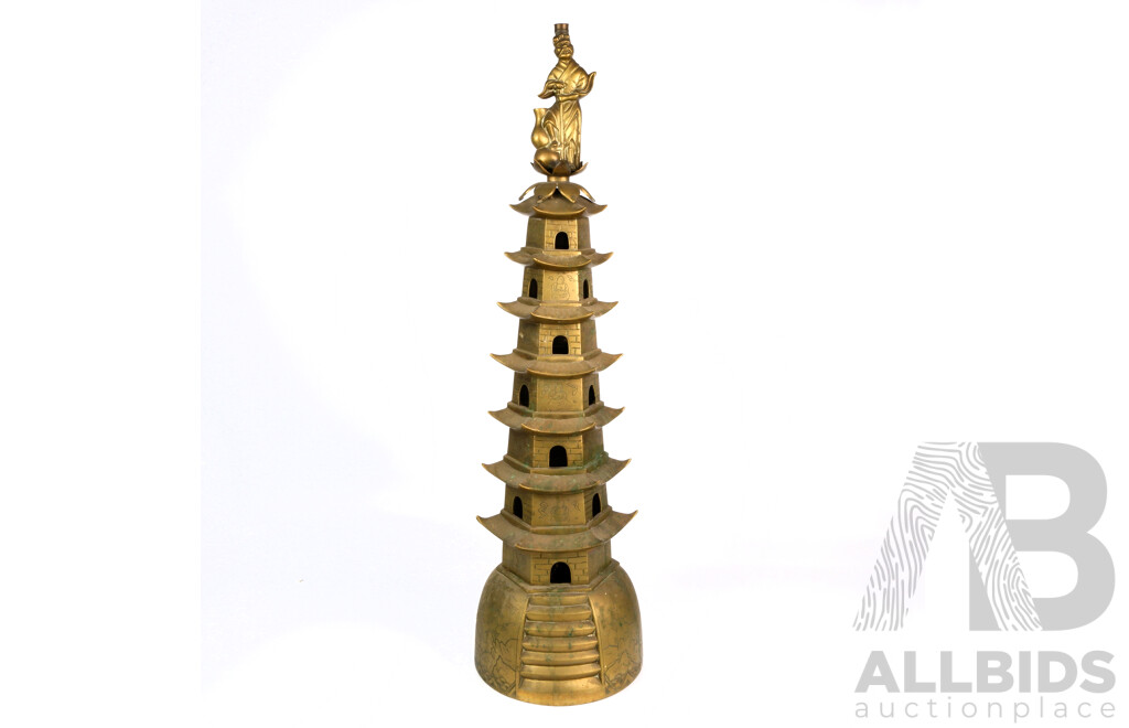 Fantastic Vintage Asian Brass Pagoda Form Light with Engraved Detail