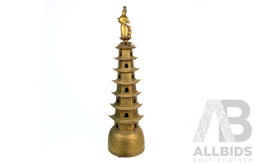 Fantastic Vintage Asian Brass Pagoda Form Light with Engraved Detail