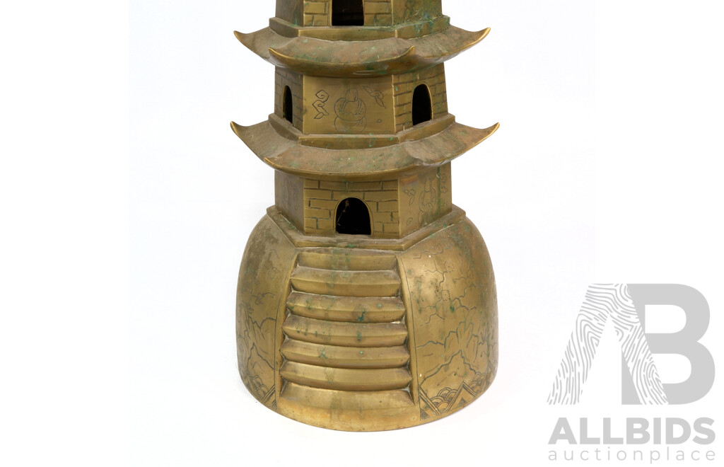 Fantastic Vintage Asian Brass Pagoda Form Light with Engraved Detail