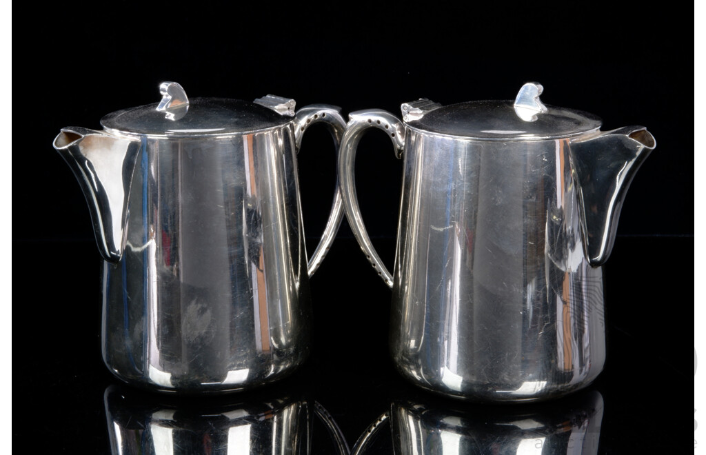 Pair Vintage Modernist Stainless Steel Hotel Hot Water Jugs