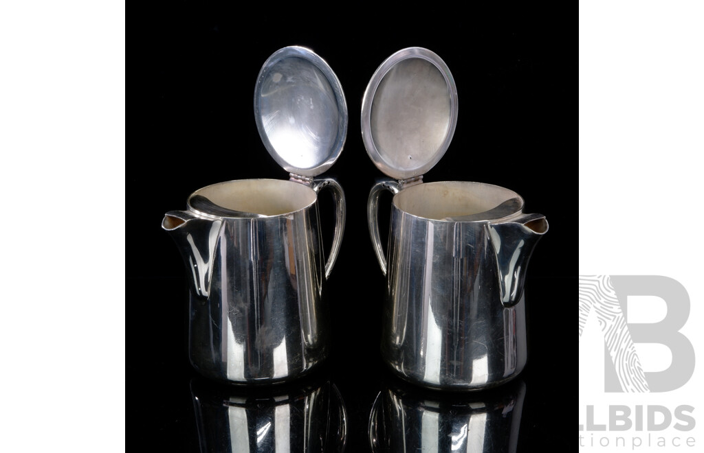 Pair Vintage Modernist Stainless Steel Hotel Hot Water Jugs