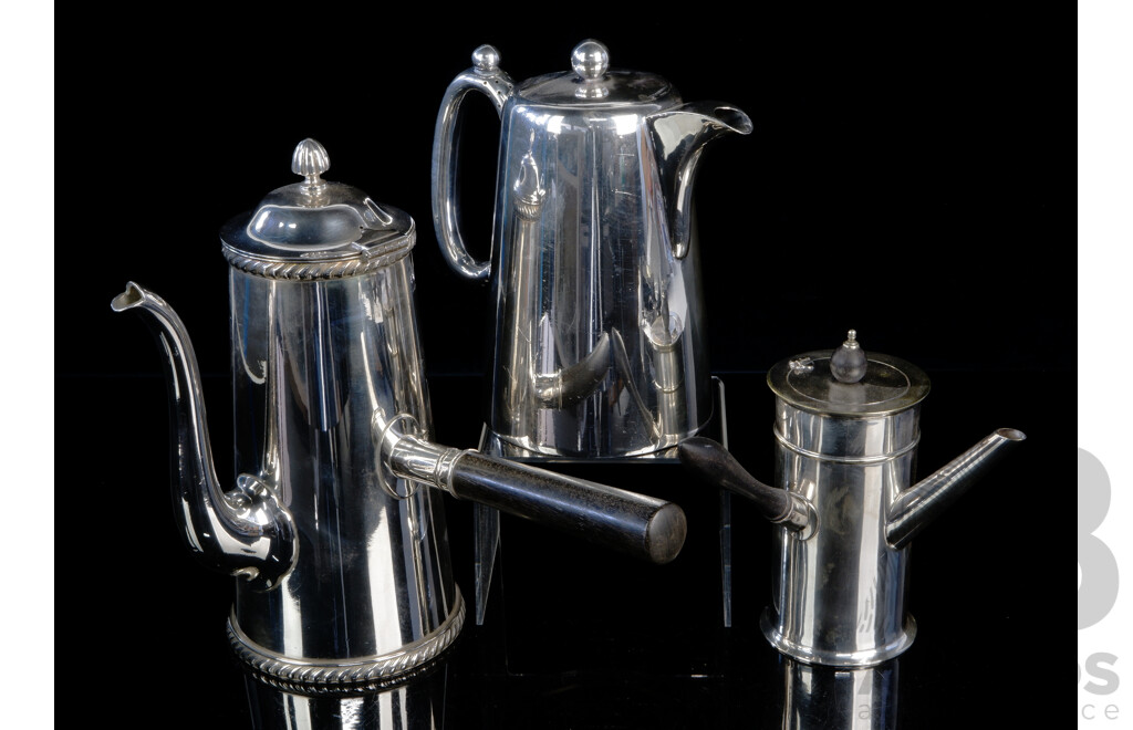 Two Vintage Silver Plate Hot Chocolate Pots with Ebony Handles Along with Walker & Hall Coffee Pot