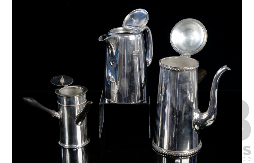 Two Vintage Silver Plate Hot Chocolate Pots with Ebony Handles Along with Walker & Hall Coffee Pot