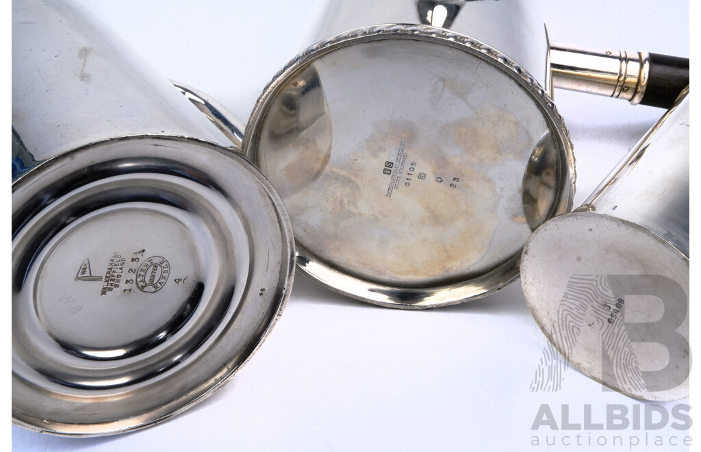 Two Vintage Silver Plate Hot Chocolate Pots with Ebony Handles Along with Walker & Hall Coffee Pot