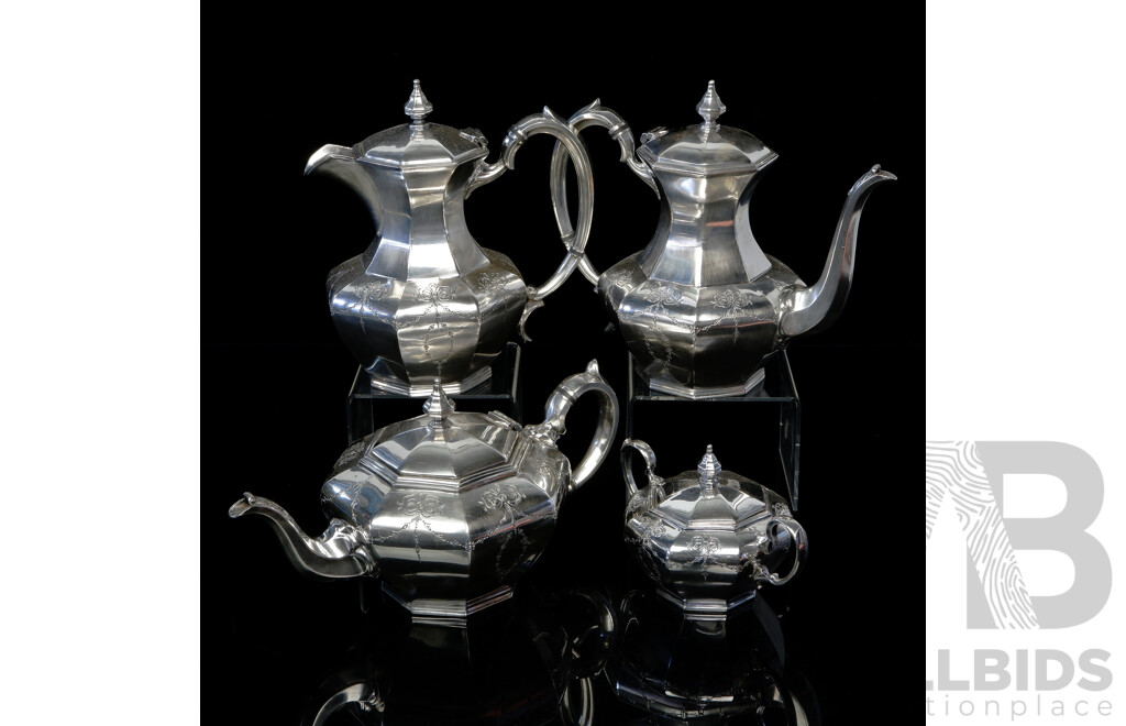 Vintage English James Dixon & Sons Britannia Silver Plate Four Piece Tea Set with Engraved Garland Detail