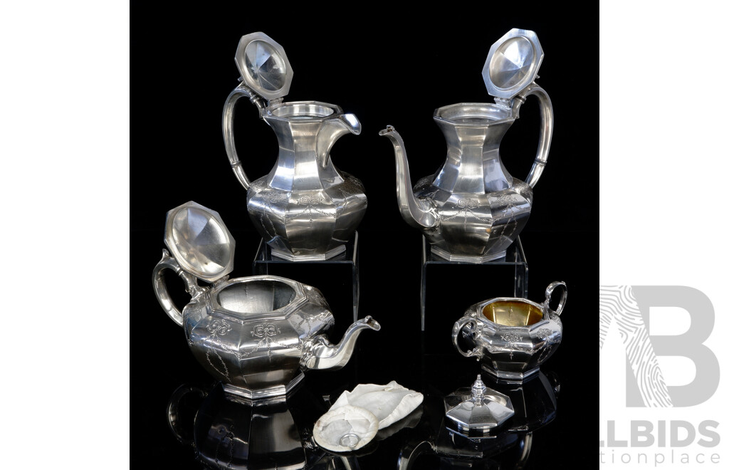 Vintage English James Dixon & Sons Britannia Silver Plate Four Piece Tea Set with Engraved Garland Detail