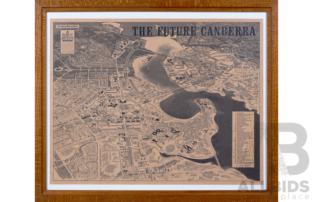 Vintage Artist's Impression of National Capital Canberra and Potential Developmental Projects, Reprinted for Sydney Morning Herald From 'Australia Unlimited 1966', 70 x 90 cm (frame)