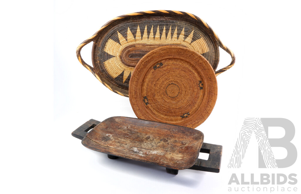 Two Vintage PNG Hand Woven Baskets Along with Tribal Wooden Dish