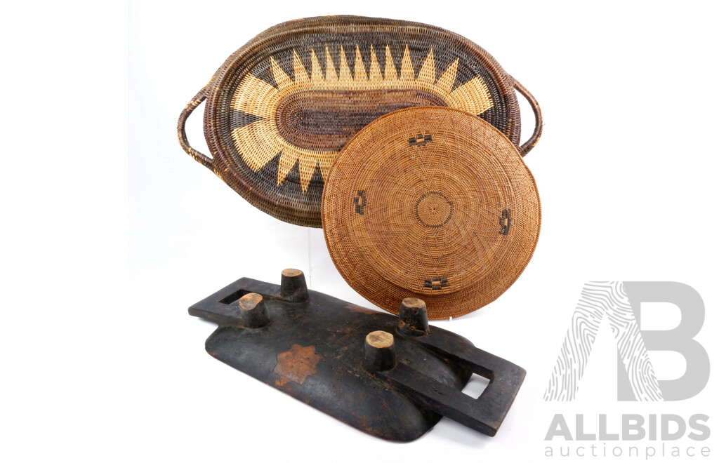 Two Vintage PNG Hand Woven Baskets Along with Tribal Wooden Dish