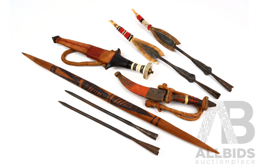 Collection African Weaponry Including Two Spears with Raw Hide Beadwork Tip Covers, Knife with Ivory Handle and More