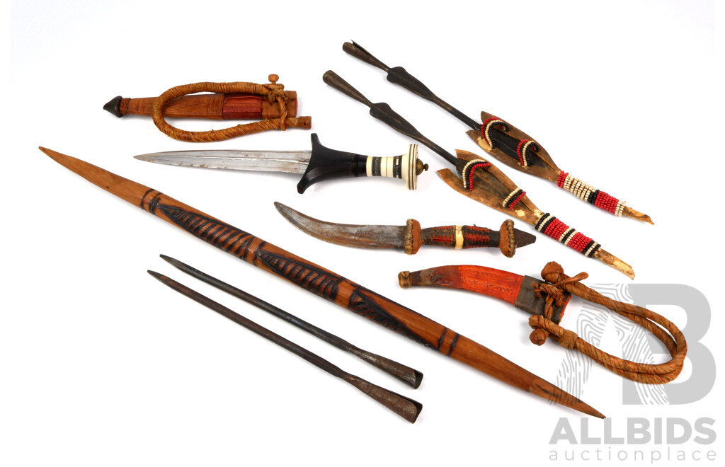 Collection African Weaponry Including Two Spears with Raw Hide Beadwork Tip Covers, Knife with Ivory Handle and More