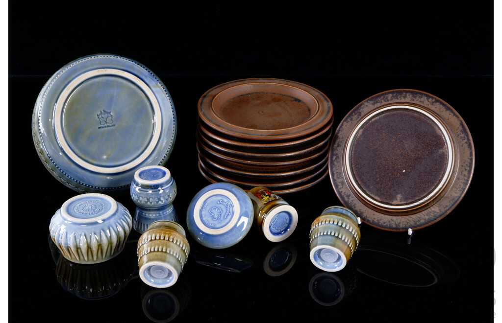 Collection Six Retro English Wade Ceramic Pieces Along with Eight Mid Century Arabia Ruska Side Plates