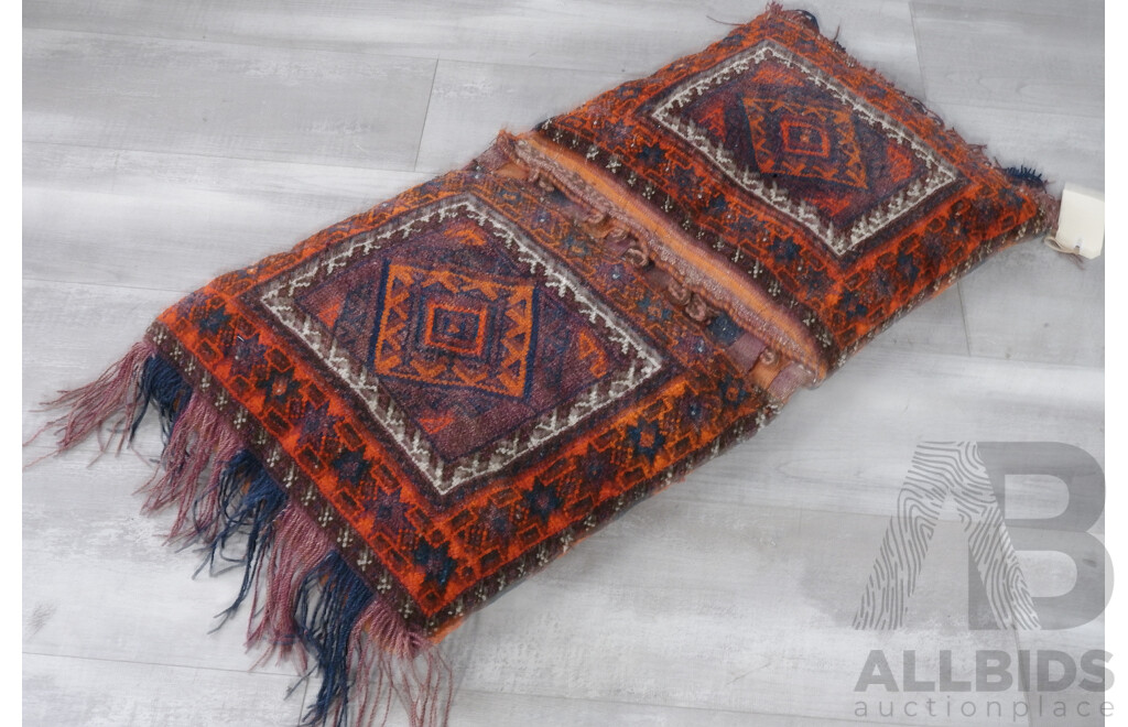 Hand Knotted Persian Baluchi Wool Saddle Bags Repurposed in to Cushions