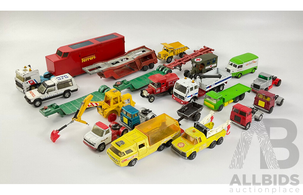 Collection of Vintage Matchbox Super Kings and Models of Yesteryear Diecast Trucks Including K-7 Racing Car Transporter, K6/11 Pick Up Truck, Foden Dump Truck and More