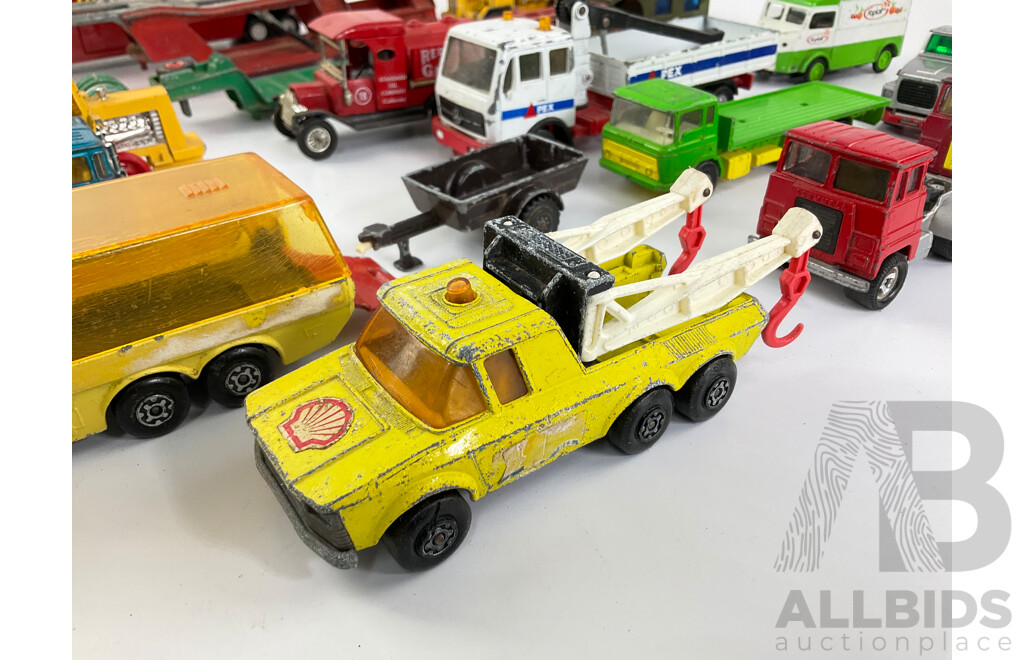 Collection of Vintage Matchbox Super Kings and Models of Yesteryear Diecast Trucks Including K-7 Racing Car Transporter, K6/11 Pick Up Truck, Foden Dump Truck and More