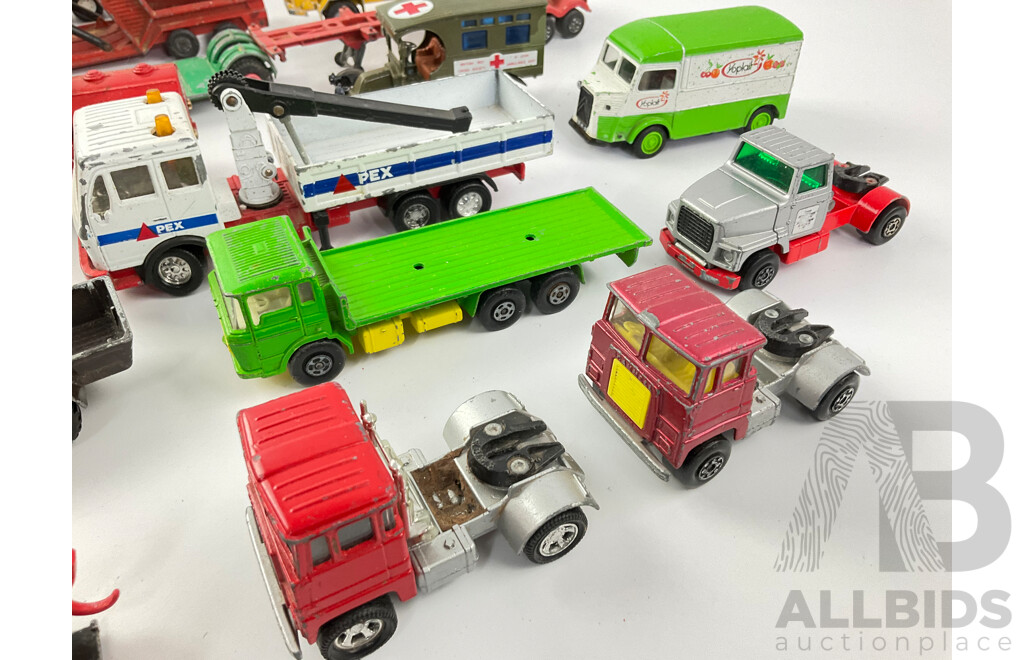 Collection of Vintage Matchbox Super Kings and Models of Yesteryear Diecast Trucks Including K-7 Racing Car Transporter, K6/11 Pick Up Truck, Foden Dump Truck and More