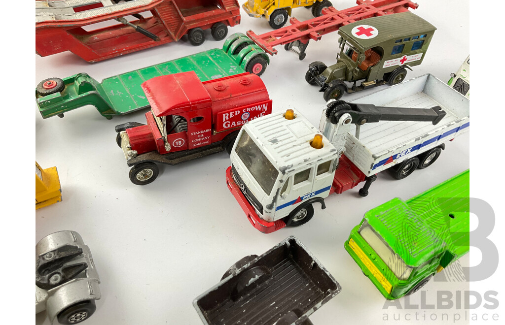 Collection of Vintage Matchbox Super Kings and Models of Yesteryear Diecast Trucks Including K-7 Racing Car Transporter, K6/11 Pick Up Truck, Foden Dump Truck and More