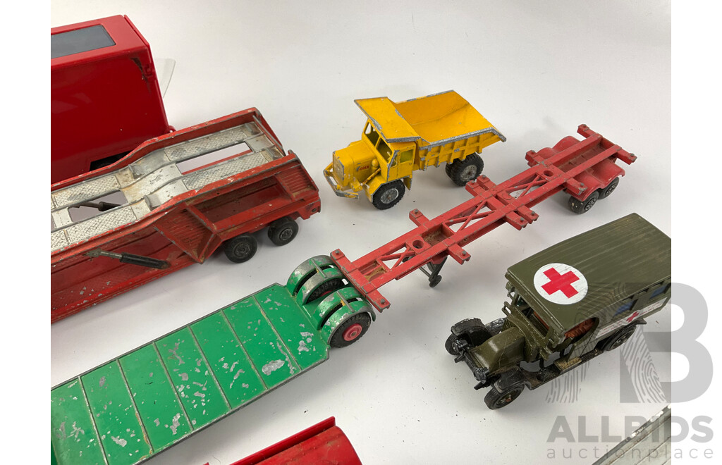 Collection of Vintage Matchbox Super Kings and Models of Yesteryear Diecast Trucks Including K-7 Racing Car Transporter, K6/11 Pick Up Truck, Foden Dump Truck and More