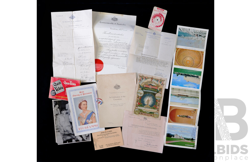 Collection Early Canberra and Sydney Ephemera Including 1030s Canberra Photographs, WWII Sydney Ration Cards, 1888 State Banquet Menu Program and Much More