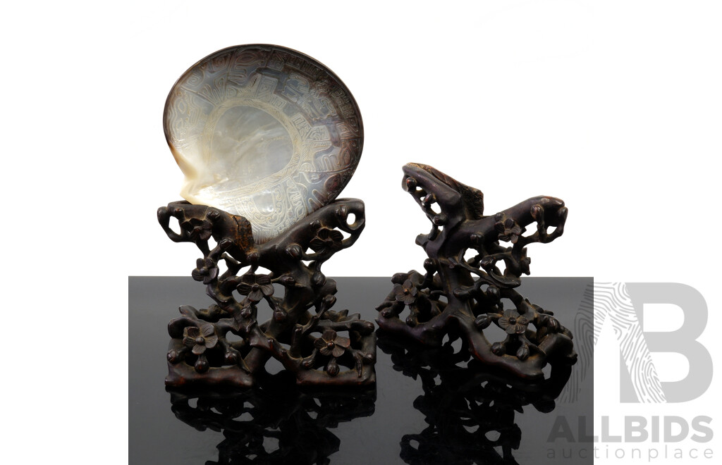 Hand Carved Pearl Shell with Pair Hand Carved Wooden Stands with Carved Floral Motif